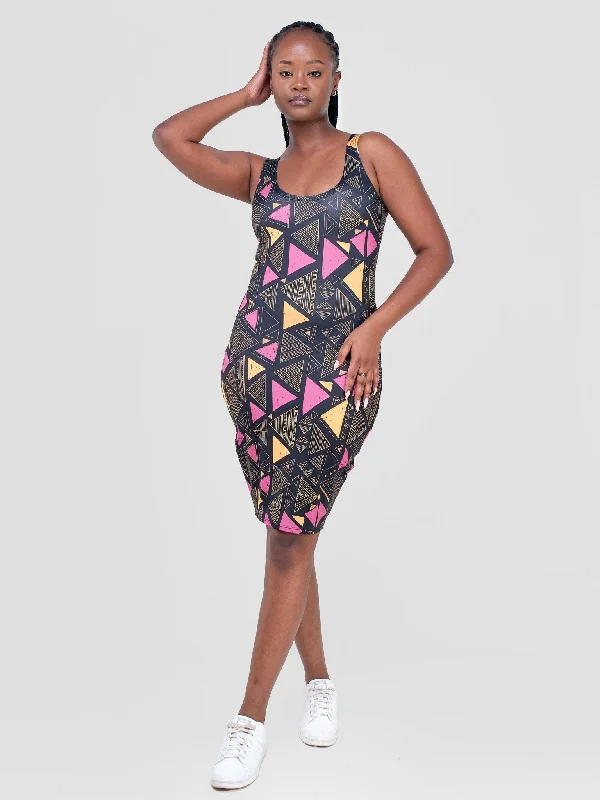 Bodycon dress in a neon color for a vibrant appearance Zoya Essentials Midi Bodycon - Black / Purple Geometric Print Bodycon dress in a neon color for a vibrant appearance Zoya Essentials Midi Bodycon - Black / Purple Geometric Print