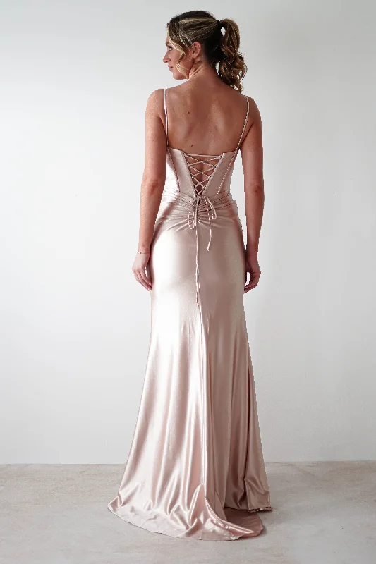 Prom dresses with gathered skirts and crystal - encrusted belts for a luxurious prom Meaghan Bodycon Gown | Champagne Prom dresses with gathered skirts and crystal - encrusted belts for a luxurious prom Meaghan Bodycon Gown | Champagne