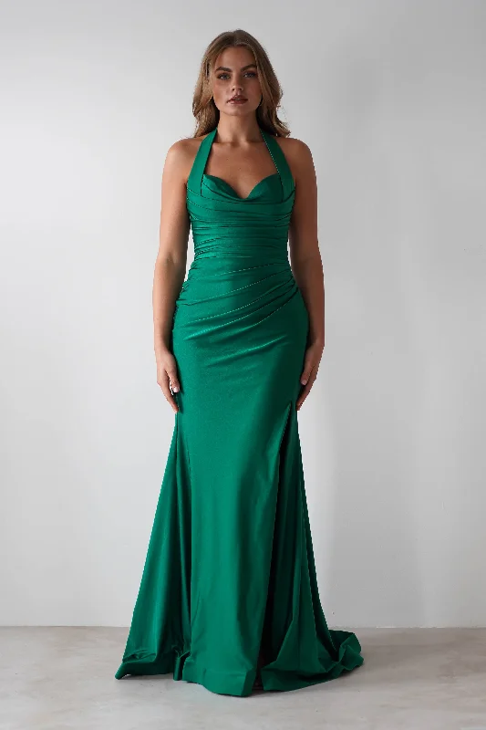 Prom dresses with tiered ruffled sleeves and satin skirts for a feminine and voluminous look Adele Stretchy Halterneck Gown | Green Prom dresses with tiered ruffled sleeves and satin skirts for a feminine and voluminous look Adele Stretchy Halterneck Gown | Green