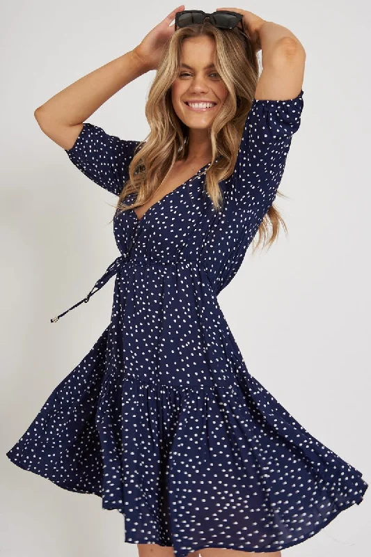 Everyday Dress with Asymmetric Hem for a Unique Look​ Apollo Dress in Navy Spot