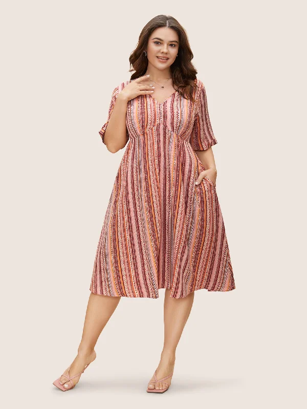  Bandana Striped V Neck Midi Dress