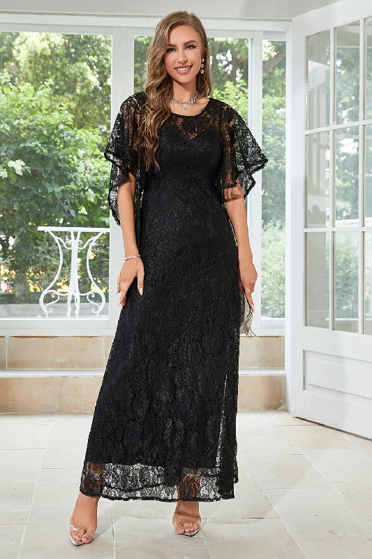Tea - length formal dresses with lace trim for a semi - formal prom Black Lace A-line Round Neck Short Sleeves Mother of Bride Dress Tea - length formal dresses with lace trim for a semi - formal prom Black Lace A-line Round Neck Short Sleeves Mother of Bride Dress