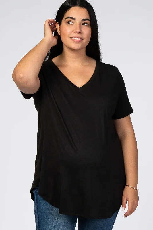 Maternity dress for a baby's first visit to the forest Black V-Neck Short Sleeve Maternity Plus Top