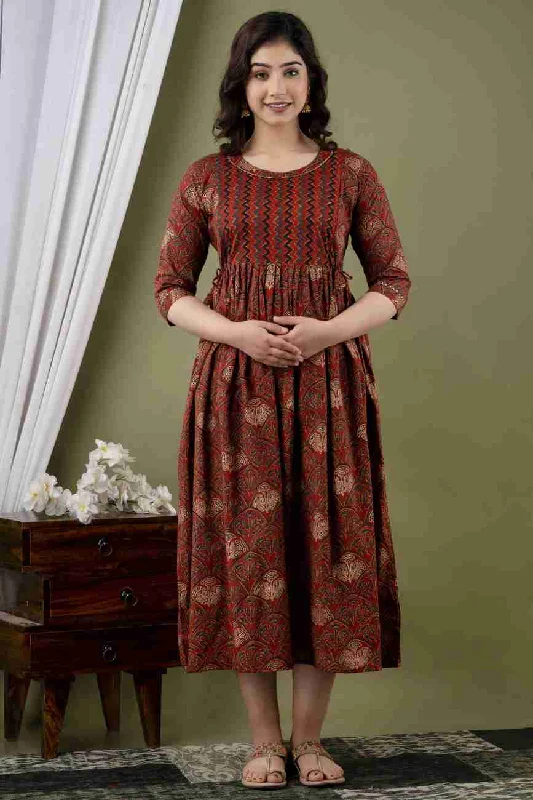 Maternity dress for a baby's first visit to the Japanese garden Kalamkari Brown Maternity Feeding kurta