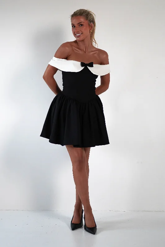 Prom dresses with illusion necklines and crystal embellishments for a formal affair Charlotte Corset Bow Mini Dress | Black/White Prom dresses with illusion necklines and crystal embellishments for a formal affair Charlotte Corset Bow Mini Dress | Black/White
