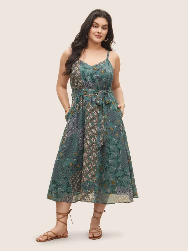  Chiffon Boho Print Wrap Belted Cami Dress