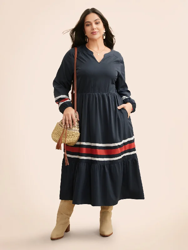 Everyday Dress with Cowl Neck for a Sophisticated Style Contrast Striped Notched Ruffle Hem Dress Everyday Dress with Cowl Neck for a Sophisticated Style Contrast Striped Notched Ruffle Hem Dress