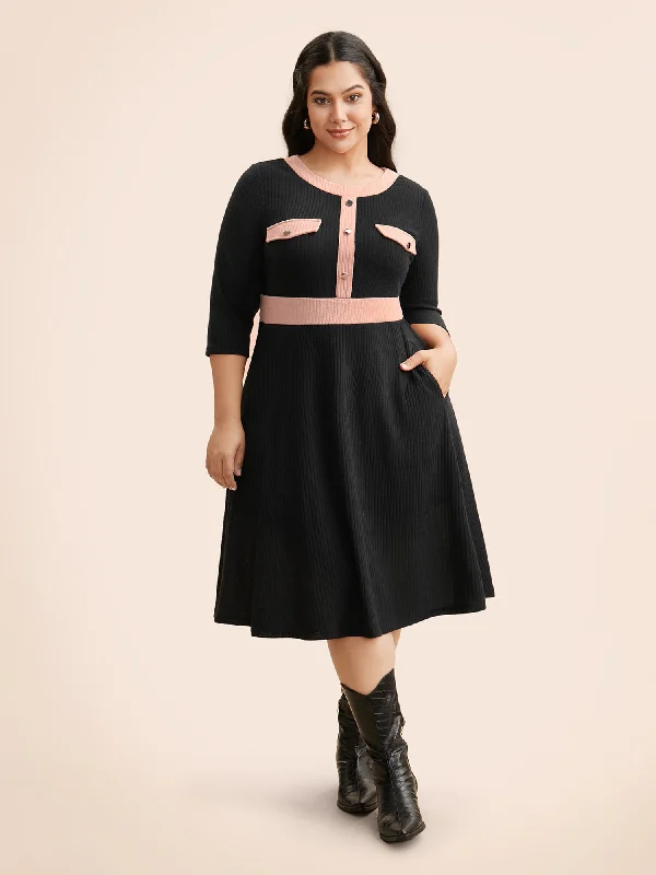  Contrast Texture Metal Detail Midi Dress