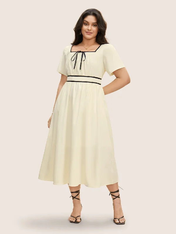  Contrast Trim Tie Knot Elastic Waist Dress