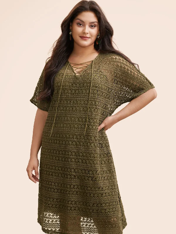 Petite - fit Everyday Dress with Ruffled Sleeves Crocheted Lace Up Dolman Sleeve Tiered Dress Petite - fit Everyday Dress with Ruffled Sleeves Crocheted Lace Up Dolman Sleeve Tiered Dress