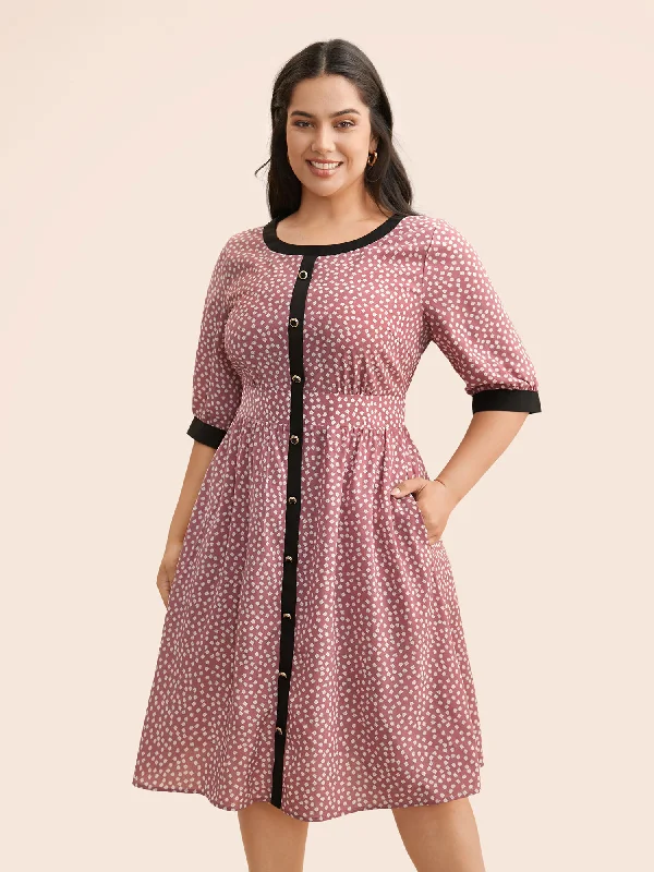 Everyday Dress with Flutter Sleeves for a Feminine Look Ditsy Floral Contrast Trim Button Detail Dress Everyday Dress with Flutter Sleeves for a Feminine Look Ditsy Floral Contrast Trim Button Detail Dress
