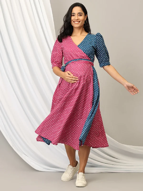 Maternity dress for a baby's first visit to the farm Dotty Delight Maternity Wrap Dress