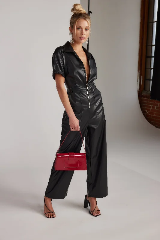 Formal dresses with geometric patterns and metallic accents for a modern formal affair Erika Black Leather Jumpsuit