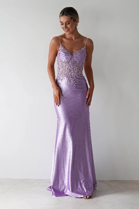 Prom dresses with pom - pom - decorated hems and cotton - blend fabrics for a playful and comfortable formal style Eternity Glitter Bodycon Gown | Lilac Prom dresses with pom - pom - decorated hems and cotton - blend fabrics for a playful and comfortable formal style Eternity Glitter Bodycon Gown | Lilac