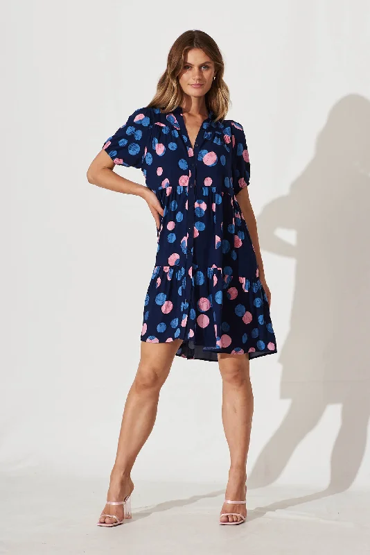 Everyday Dress with Sparkly Sequins for a Touch of Glamour Felicia Shirt Dress In Navy With Pink And Blue Spot Everyday Dress with Sparkly Sequins for a Touch of Glamour Felicia Shirt Dress In Navy With Pink And Blue Spot