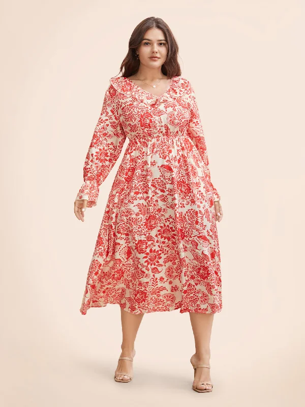 Everyday Denim Dress with Distressed Details Floral Lantern Sleeve Ruffle Trim Dress Everyday Denim Dress with Distressed Details Floral Lantern Sleeve Ruffle Trim Dress