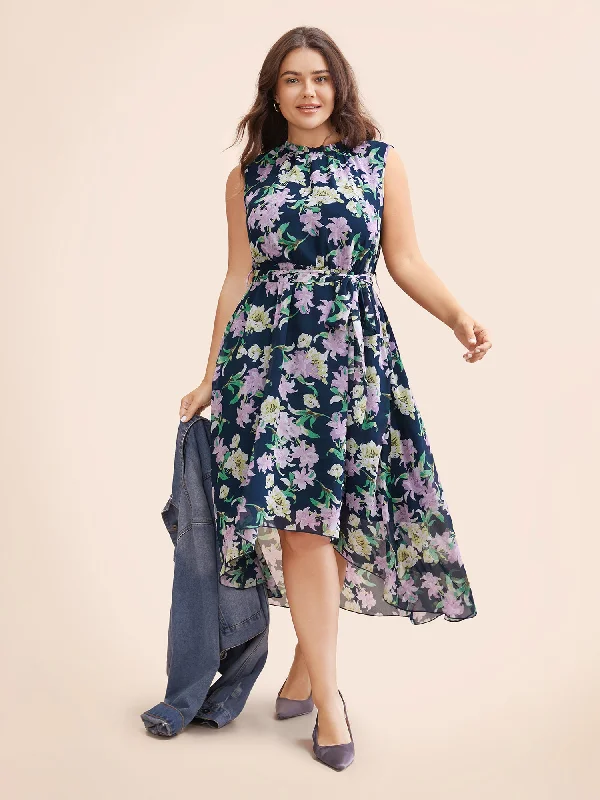 Everyday Sundress with Strappy Back for Beach Floral Mock Neck Asymmetrical Hem Dress Everyday Sundress with Strappy Back for Beach Floral Mock Neck Asymmetrical Hem Dress