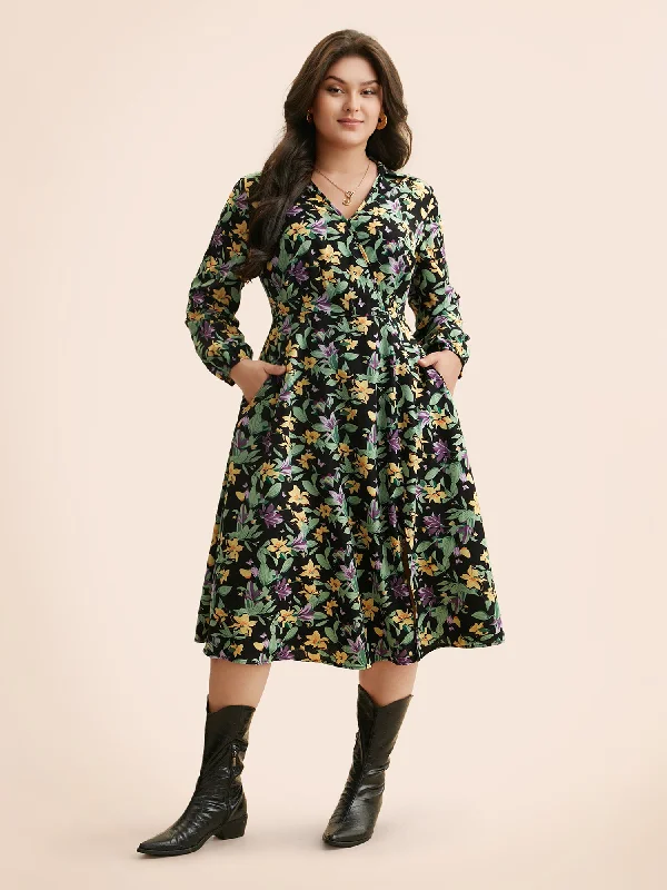 Everyday Dress with Kimono - style Sleeves for an Exotic Look Floral Overlap Collar Lantern Sleeve Dress Everyday Dress with Kimono - style Sleeves for an Exotic Look Floral Overlap Collar Lantern Sleeve Dress