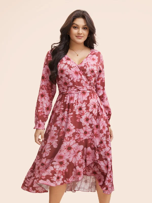 Children's Everyday Dress in Soft Jersey​ Floral Overlap Collar Ruffle Trim Dress