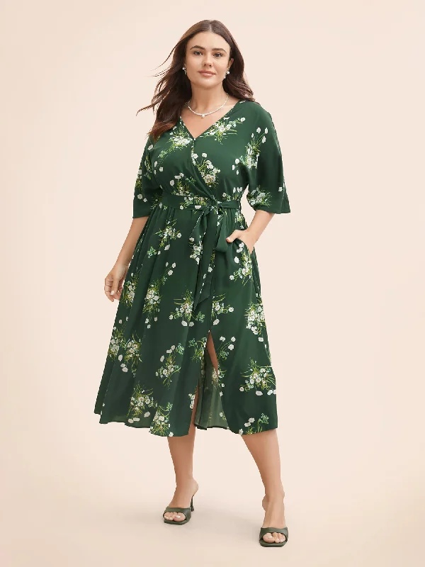 Floral Overlap Collar Split Hem Dress