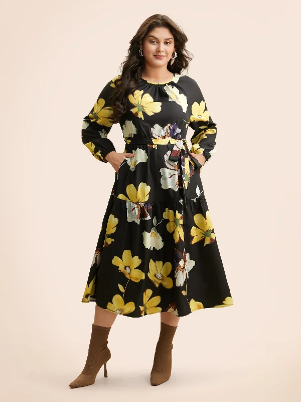 Everyday Dress with Paneled Skirt for a Unique Look Floral Round Neck Gathered Belted Dress Everyday Dress with Paneled Skirt for a Unique Look Floral Round Neck Gathered Belted Dress