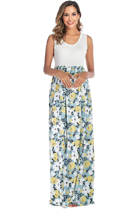 Maternity dress for a baby's first visit to the science center Floral Sleeveless Two-tone Long Maternity Dress Maternity dress for a baby's first visit to the science center Floral Sleeveless Two-tone Long Maternity Dress