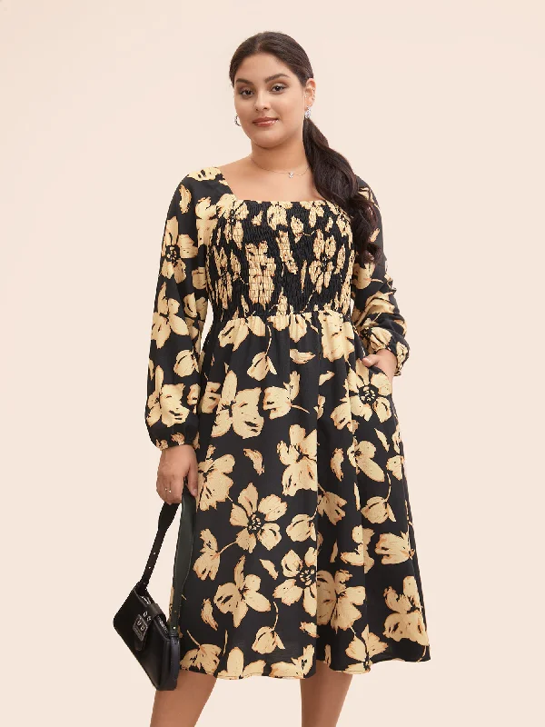 Everyday Sheath Dress in Wool for Winter Floral Square Neck Shirred Lantern Sleeve Dress Everyday Sheath Dress in Wool for Winter Floral Square Neck Shirred Lantern Sleeve Dress
