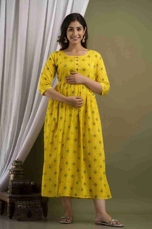 Maternity dress for a baby's first train journey Yellow bandhini Maternity Feeding  kurta