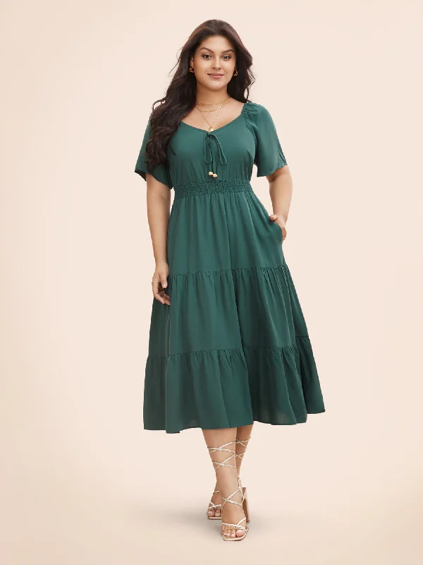  Heart Neckline Shirred Ruffle Layered Hem Dress