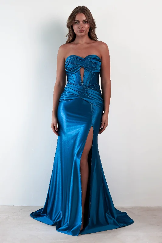 Prom dresses with keyhole backs and rhinestone - studded straps for a flirty look Karra Bodycon Strapless Gown | Teal Prom dresses with keyhole backs and rhinestone - studded straps for a flirty look Karra Bodycon Strapless Gown | Teal