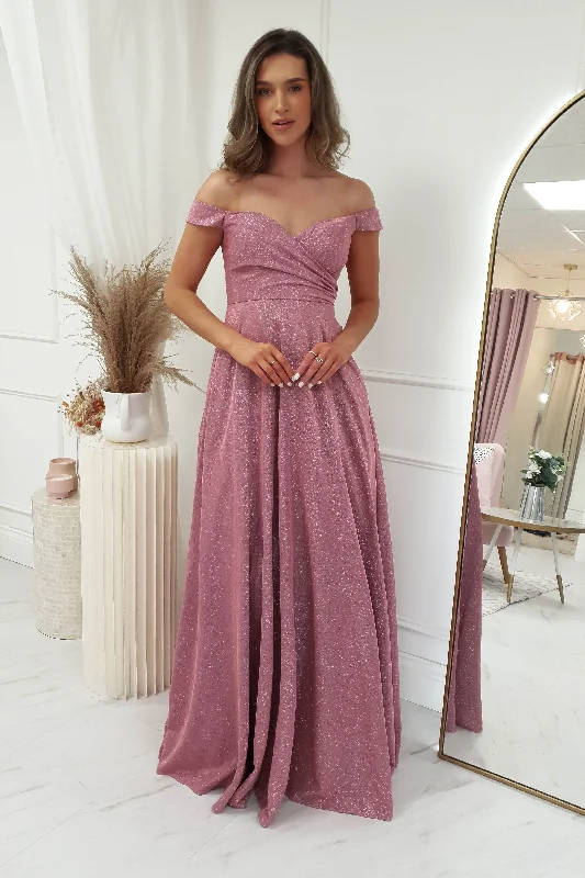 Formal dresses with tiered skirts and pearl embellishments for a luxurious feel Kristen Glitter Detail Gown | Rose Formal dresses with tiered skirts and pearl embellishments for a luxurious feel Kristen Glitter Detail Gown | Rose