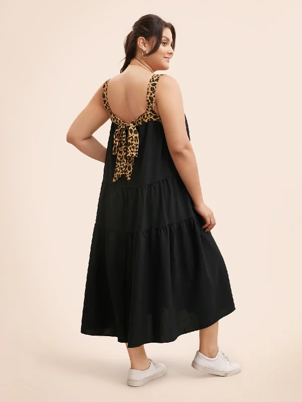  Leopard Patchwork Tie Knot Ruffle Layered Hem Dress