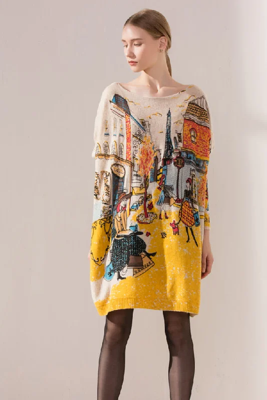  Long Sleeve Boat Neck Loose Sweater Dress