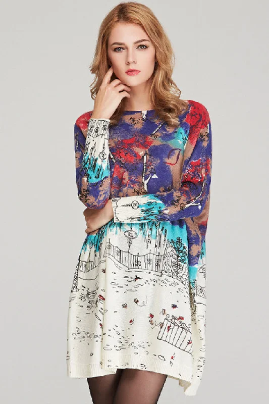 Everyday Dress with Solid - color Bodice and Printed Skirt for a Contrast Look​ Long Sleeve Knit Loose Sweater Dress