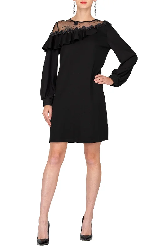 Everyday Dress with Embroidered Bodice for a Decorative Look SCANDINAVIA-Long Sleeve Ruffle Accent Patchwork Shift Dress Everyday Dress with Embroidered Bodice for a Decorative Look SCANDINAVIA-Long Sleeve Ruffle Accent Patchwork Shift Dress