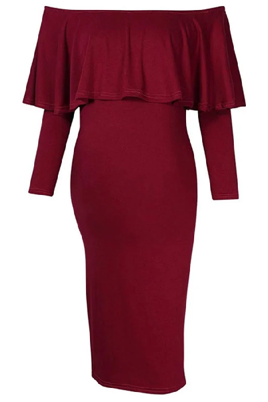 Maternity dress for a baby's first visit to the secret garden Long-Sleeved Ruffle Maternity Midi Wrap Dress
