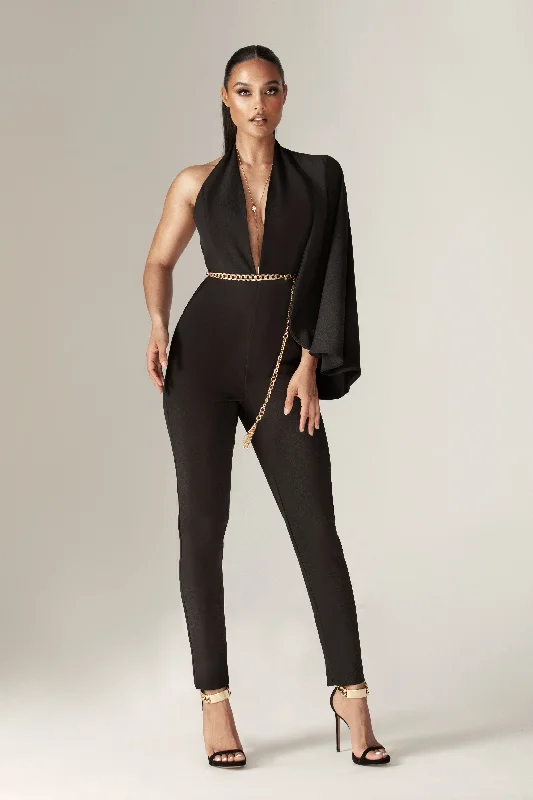 Formal dresses with off - the - shoulder sleeves and rhinestone accents for a sophisticated prom Lyla Crepe Slit Sleeves Jumpsuit (Black) Formal dresses with off - the - shoulder sleeves and rhinestone accents for a sophisticated prom Lyla Crepe Slit Sleeves Jumpsuit (Black)