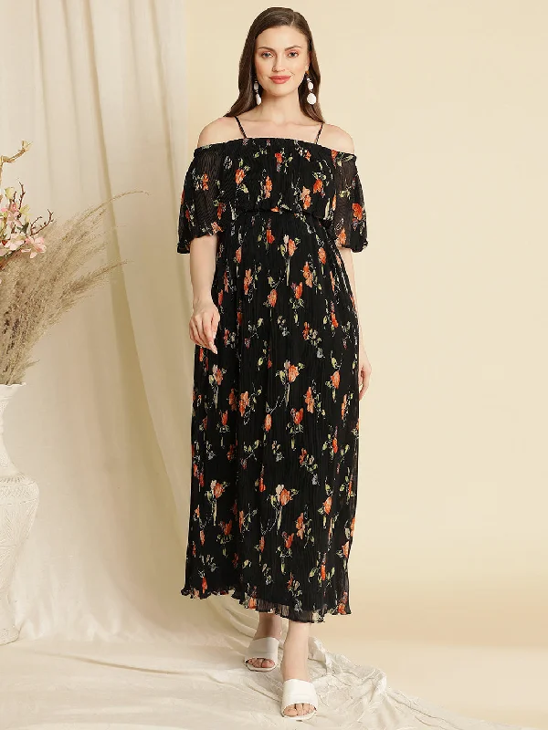 Maternity dress for a baby's first visit to the rooftop garden Pregnancy Floral Pleated Dress