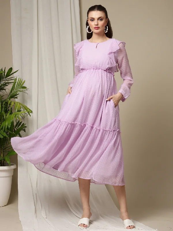 Maternity dress for a baby's first visit to the circus Maternity Purple Ruffle Dress