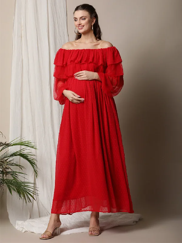 Maternity dress for a baby's first visit to the sensory garden Maternity Ruffled Red Maxi Dress