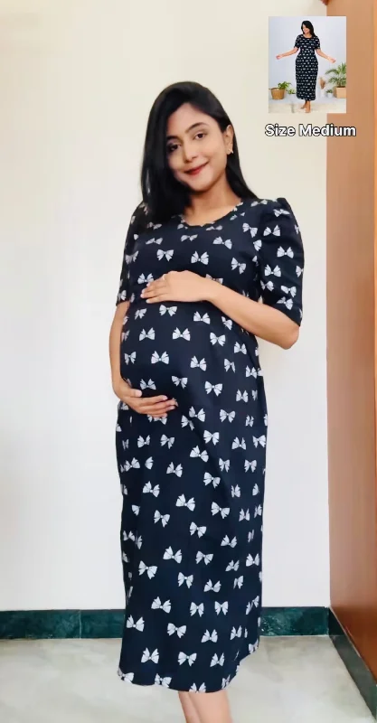 Maternity dress for a Christmas party Midi Black Ribbon Dress thick cotton winter