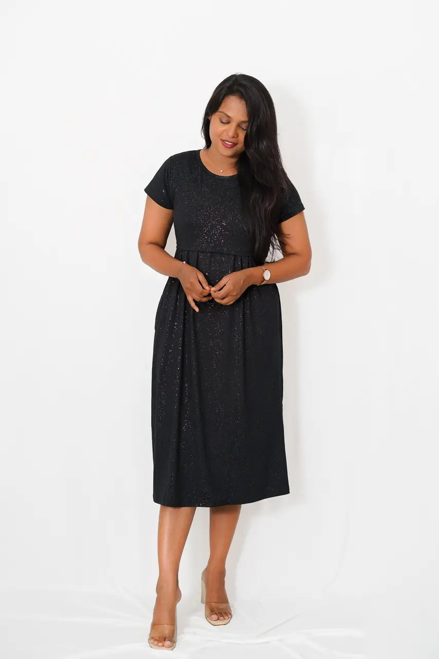 Maternity dress for a baby's first visit to the butterfly garden Midi Black Shimmer Thick Fabric