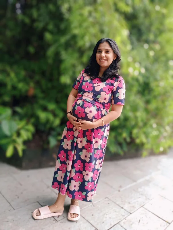 Maternity dress for a baby's first birthday party Midi Navy Pink Floral Dress thick winter