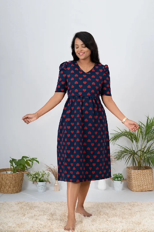 Nursing friendly maternity dress for breastfeeding Midi Navy Heartly Dress Thick cotton  dress winter