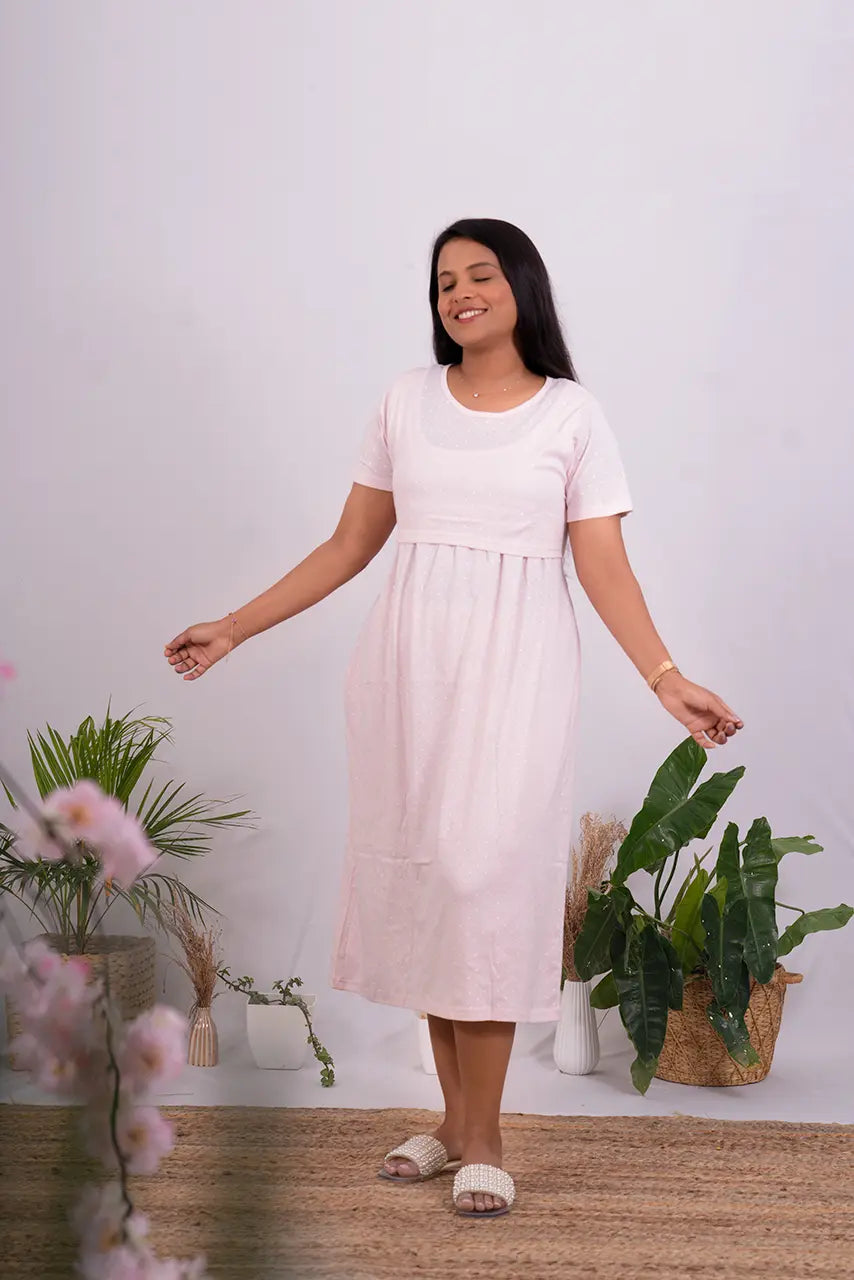 Maternity dress for a spring flower show Midi Pink  dot  - light weight dress summer collections