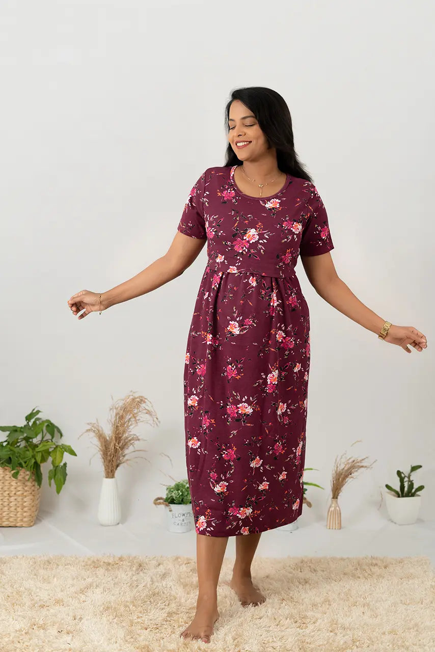 Maternity dress for a baby's first visit to the indoor garden Midi violet Floral thick cotton
