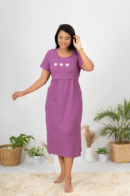 Long sleeve maternity maxi dress for winter Midi Purple Flower Waffle dress
