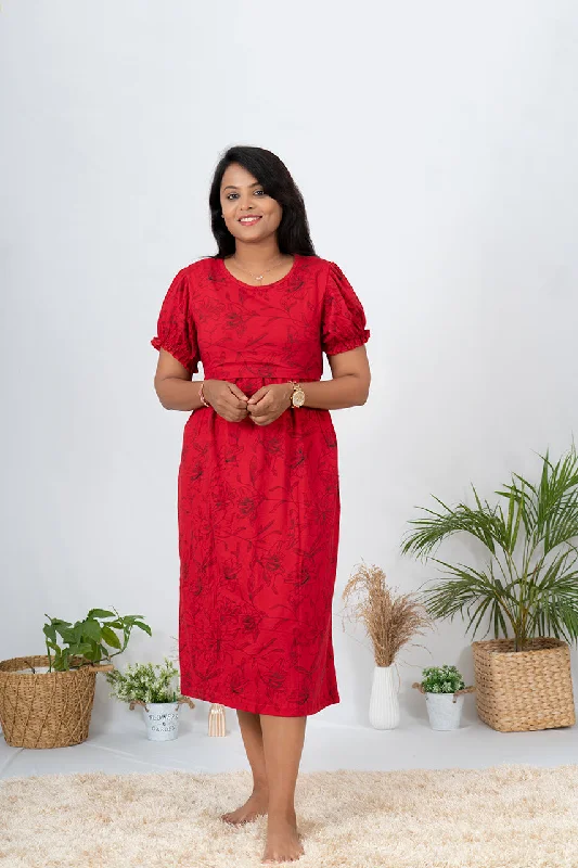 Maternity dress with side ruching to accommodate bump Midi Red Floral Dress light weight