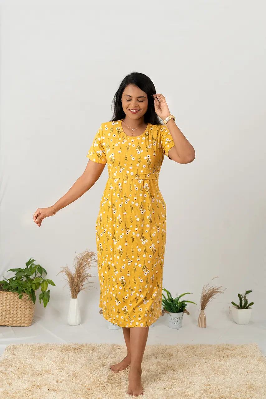 Maternity dress for a baby's first visit to the ballet Midi Yellow floral Ribbed