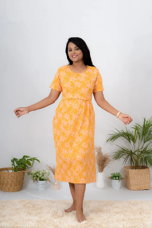 Bohemian style maternity dress for beach weddings Midi Yellow Leaf Ribbed